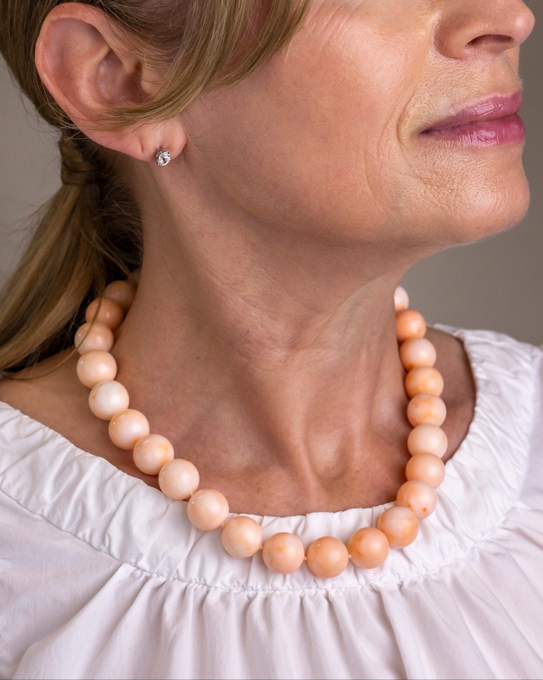 Angel-skin Coral Strand With Onyx & 18kt Gold Clasp