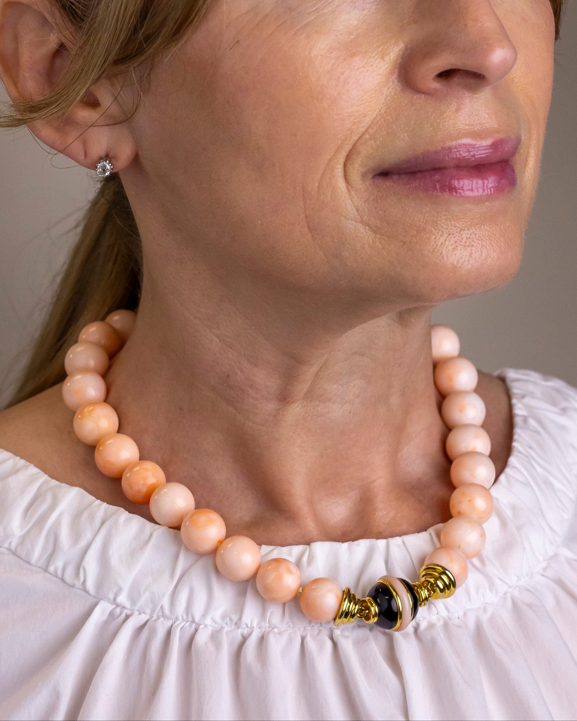 Angel-skin Coral Strand With Onyx & 18kt Gold Clasp