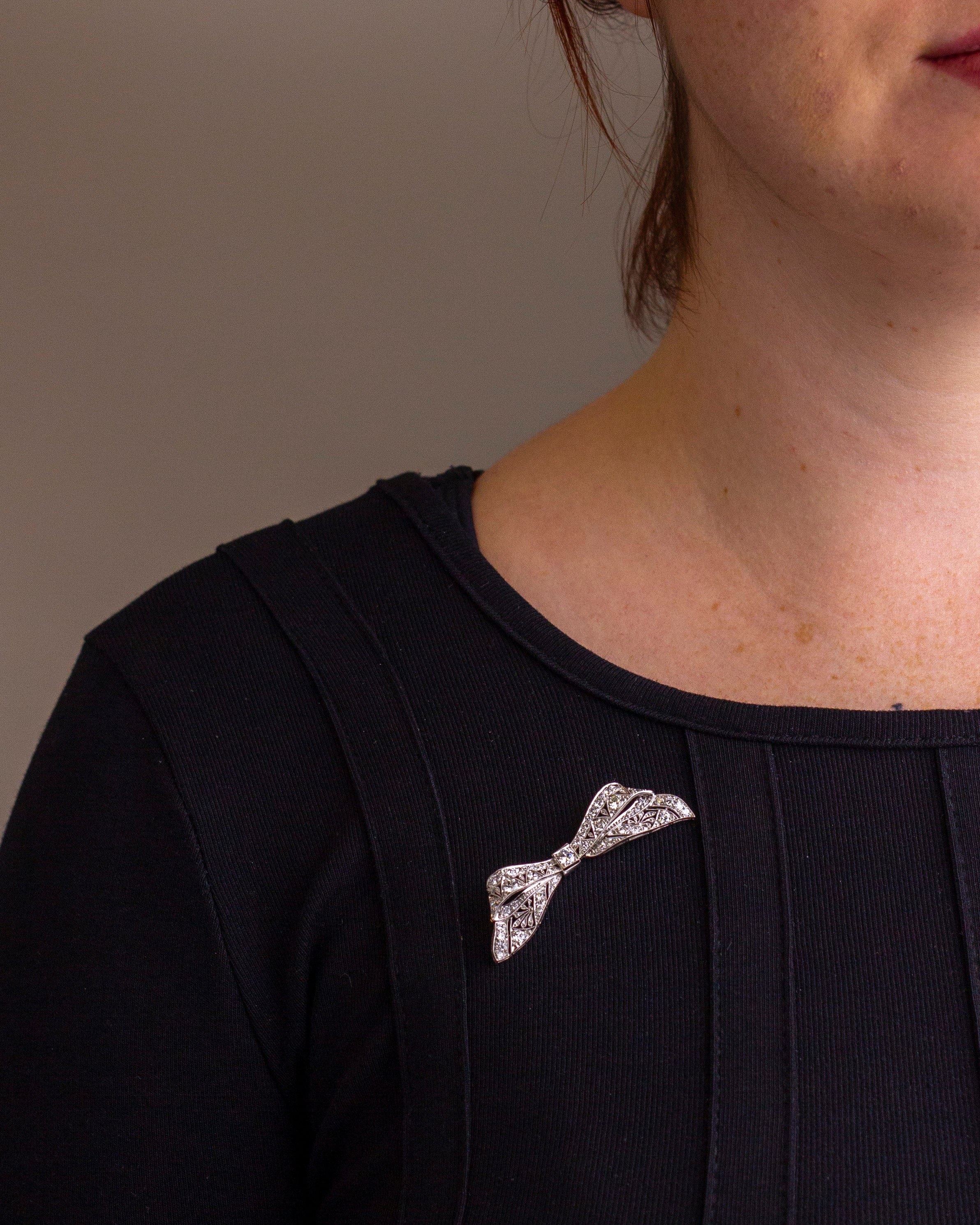 Art Deco Platinum & Diamond Bow Brooch by Kohn