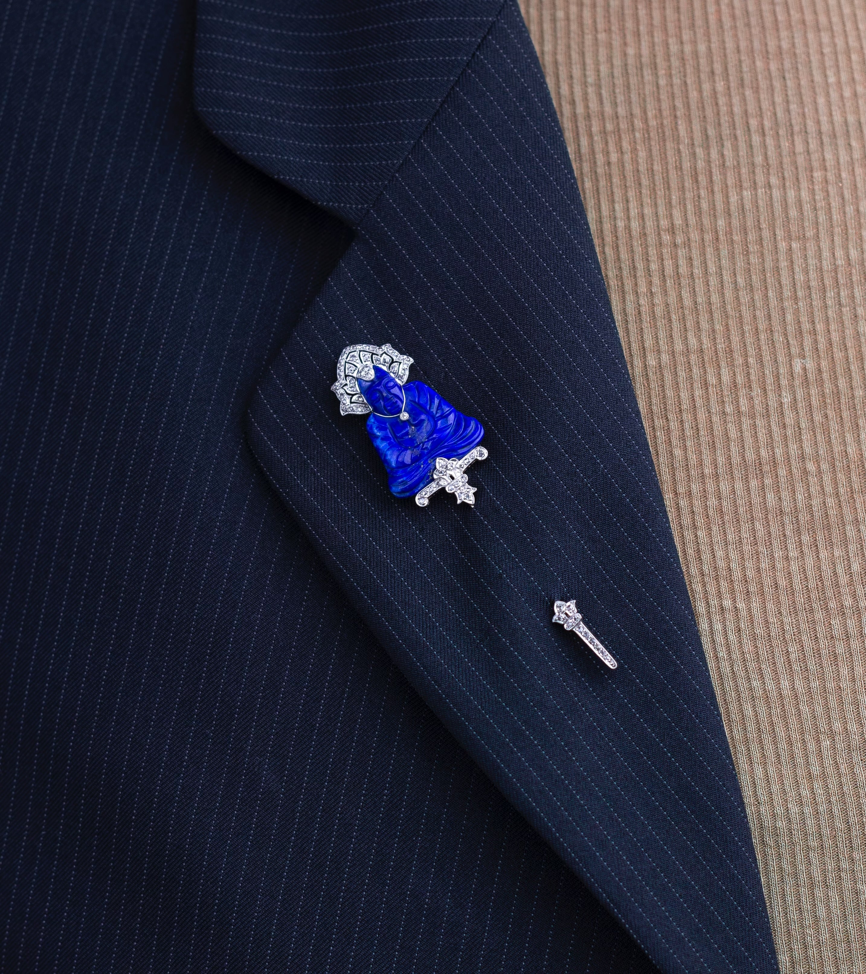 Art Deco, Lapis & Diamond Jabot Pin with Roosevelt Provenance