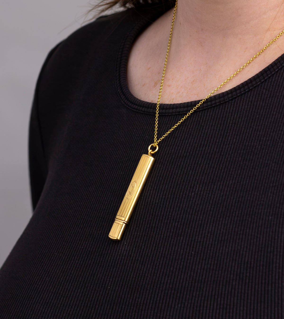 14kt Gold Needle Case Pendant Engraved 'Rock'