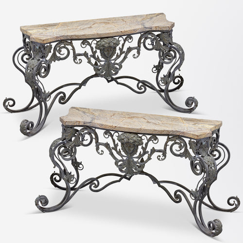 Pair of Marble and Wrought Iron Console Tables