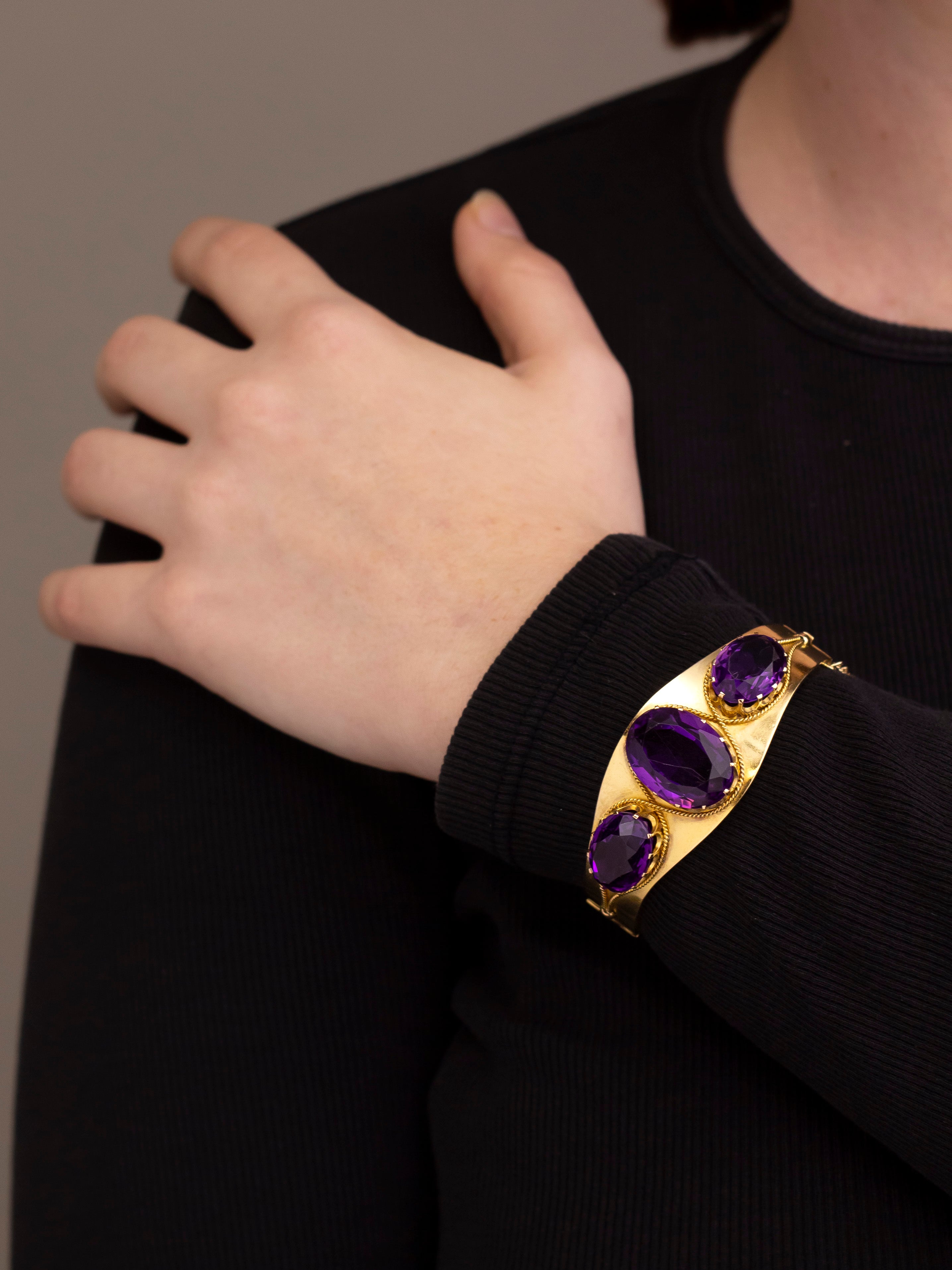 Antique Etruscan Revival Gold & Amethyst Bangle