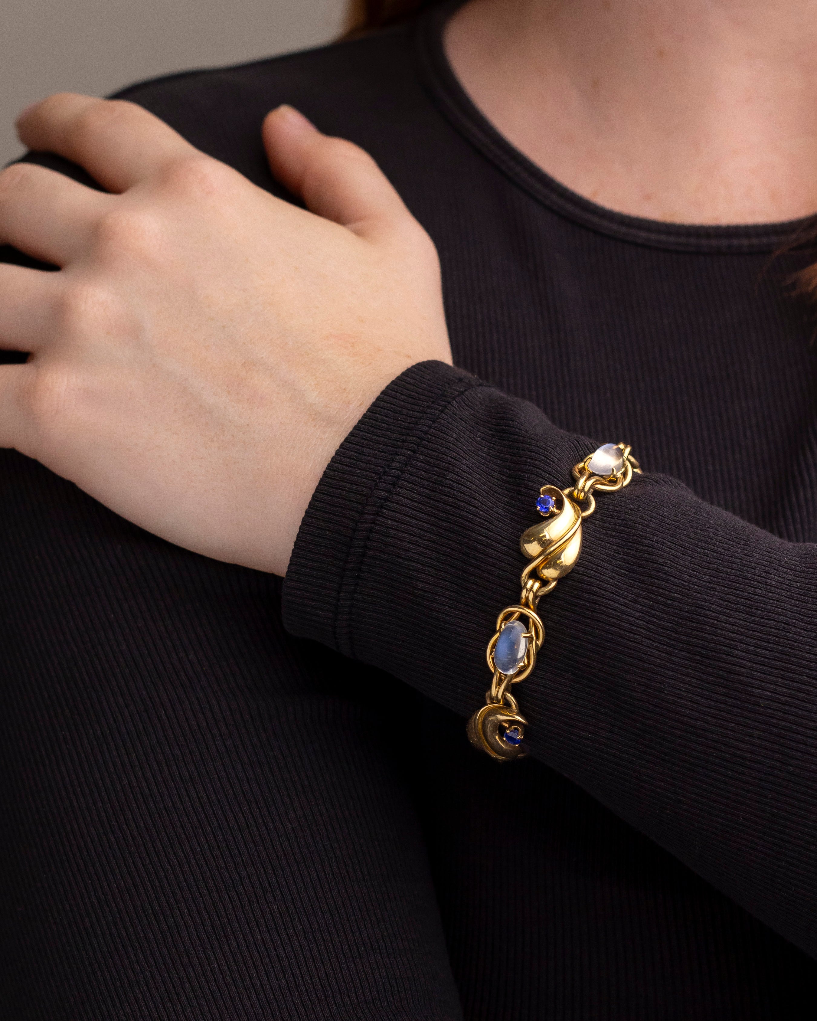 Retro 14K Gold, Moonstone, and Sapphire Bracelet - The Antique Guild