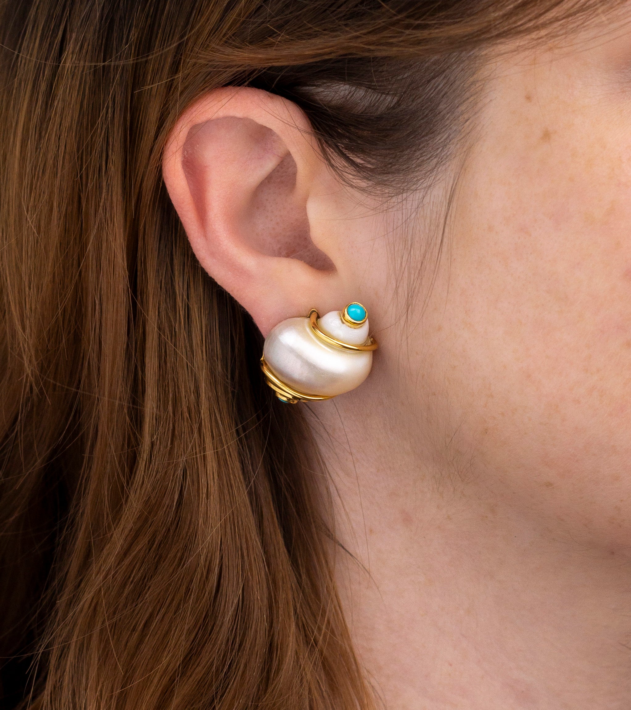 Seaman Schepps Shell Ear-Clips with Turquoise Cabochon
