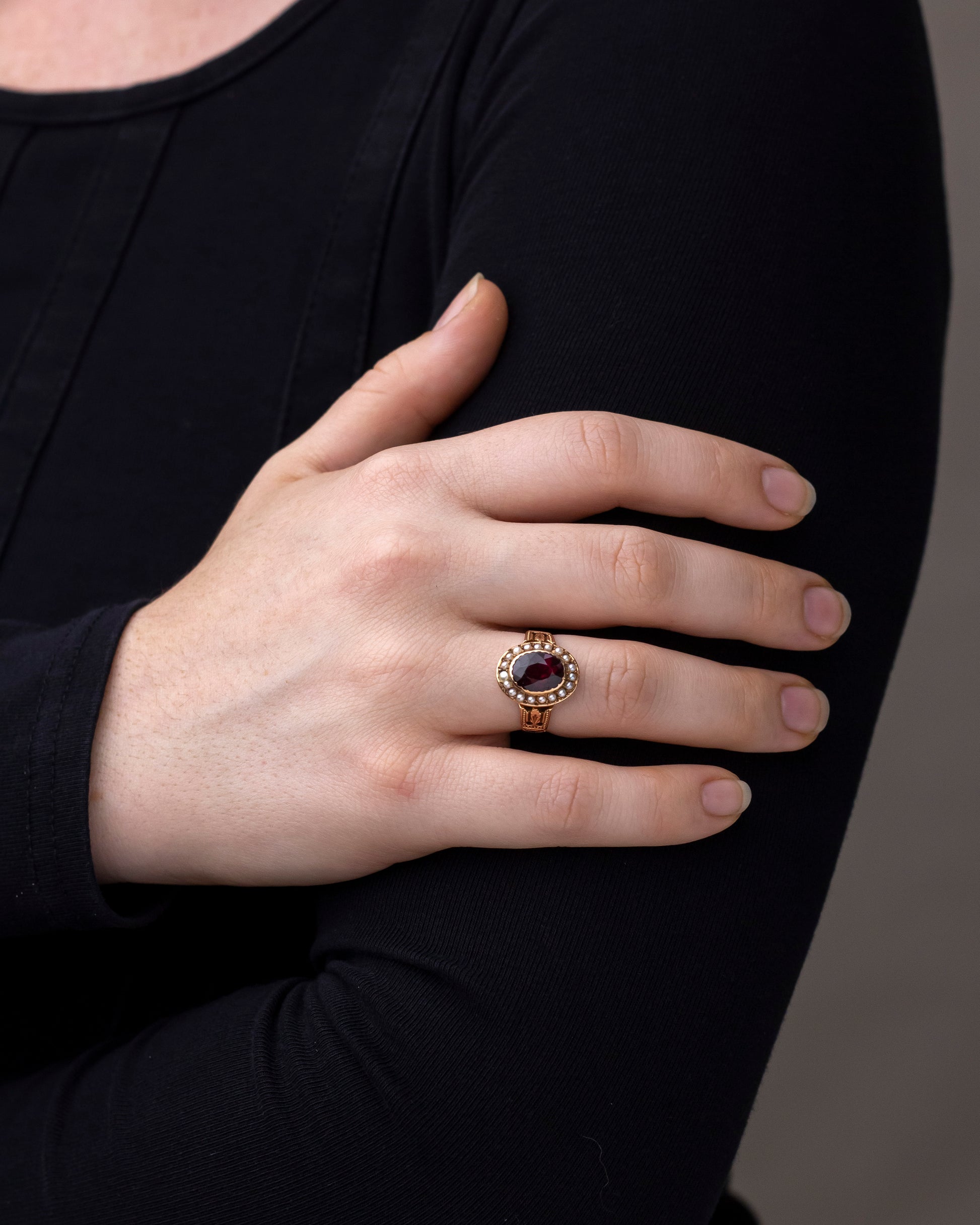 Victorian Garnet & Seed Pearl Ring by Shafer & Douglas