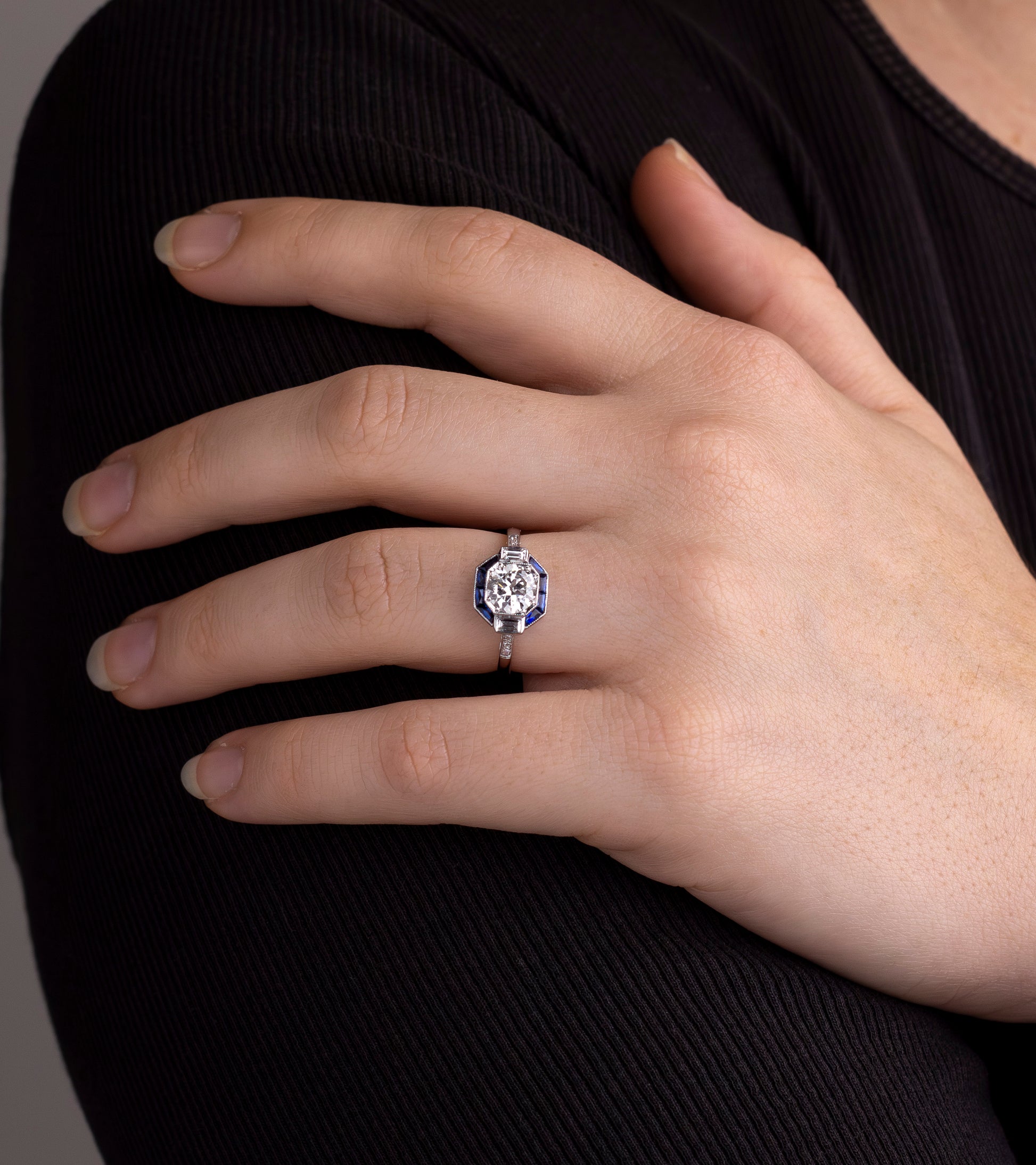Art Deco Style, White Gold, Diamond & Sapphire Ring