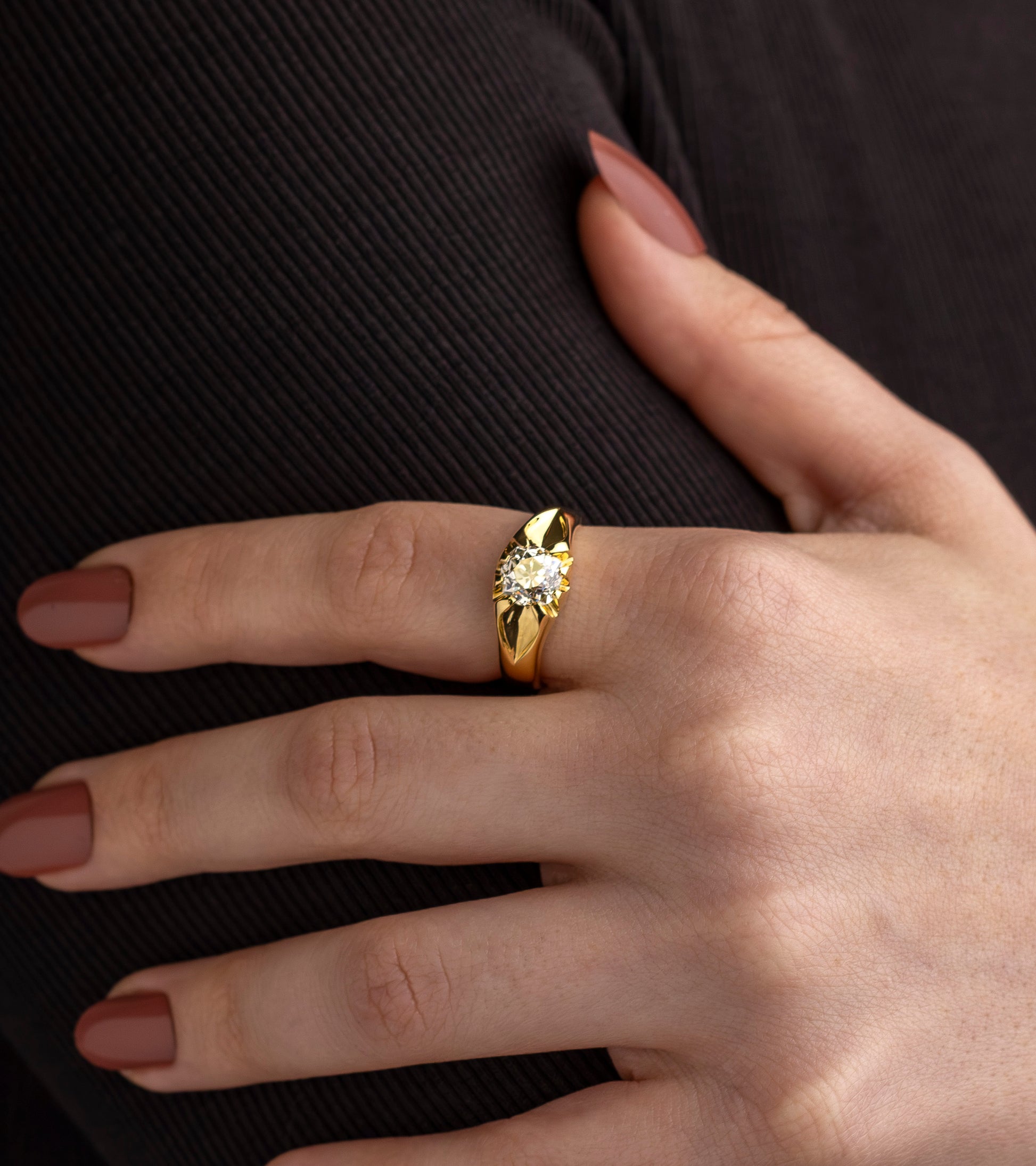 Antique Style Yellow Gold Ring with Old Mine Cut Diamond