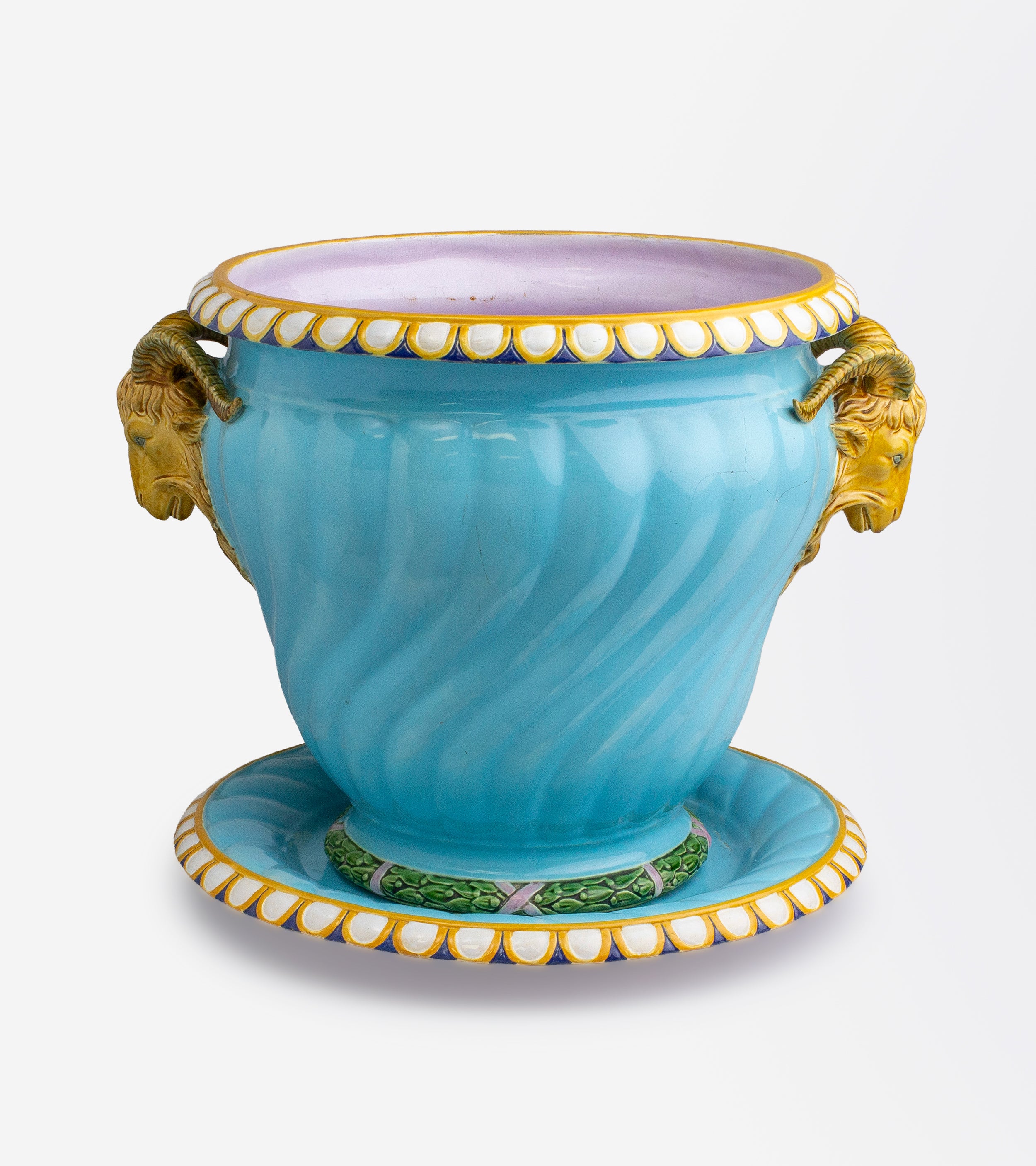 Antique Majolica Jardiniere by Minton with Ram's Head Handles