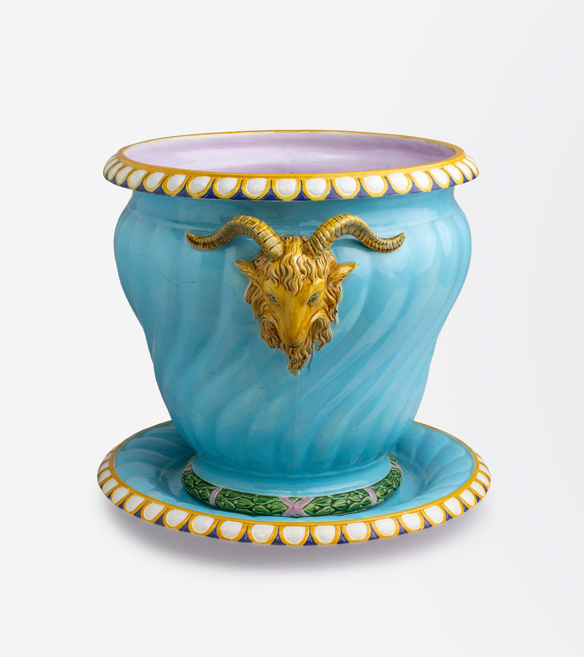 Antique Majolica Jardiniere by Minton with Ram's Head Handles