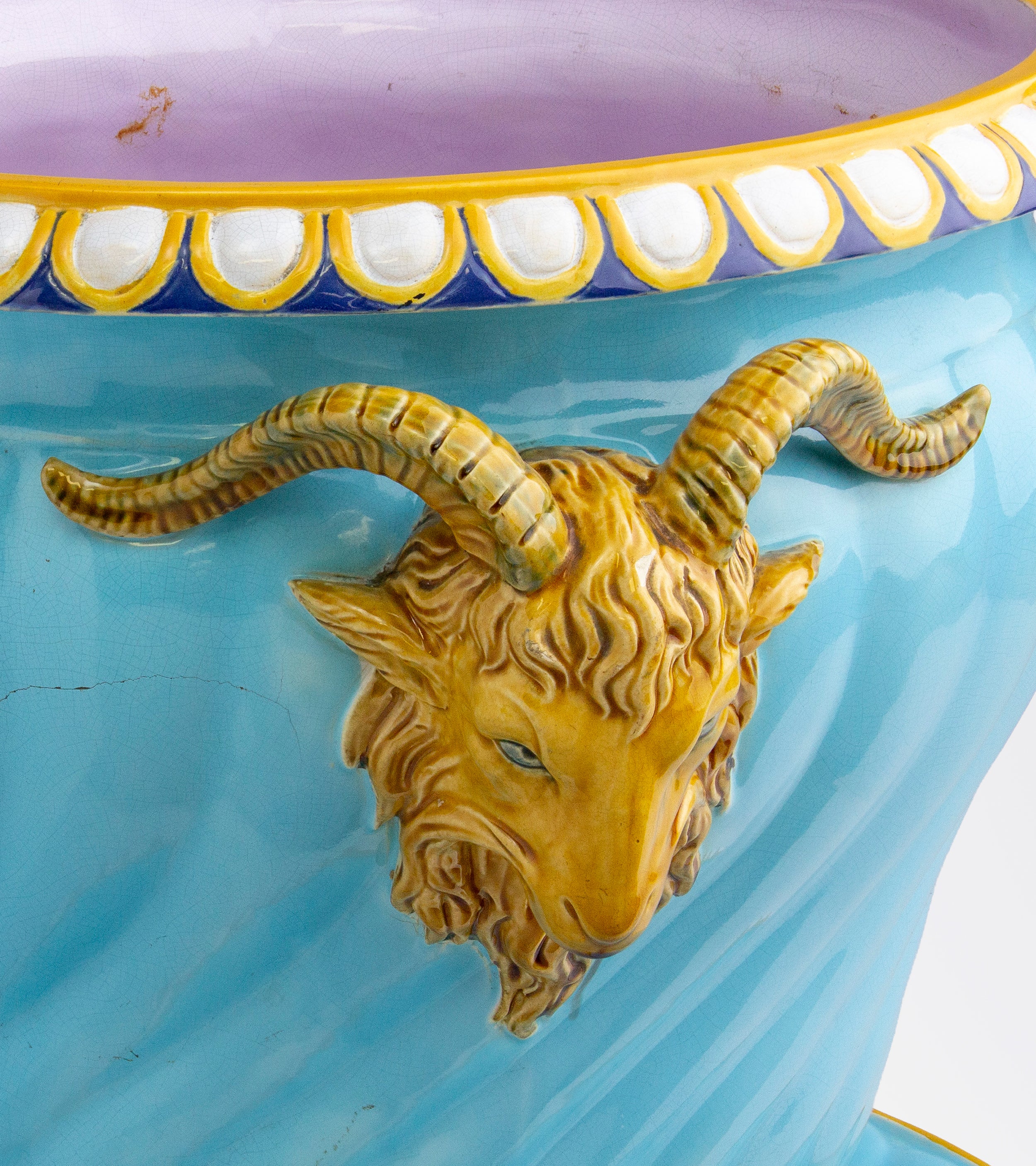 Antique Majolica Jardiniere by Minton with Ram's Head Handles