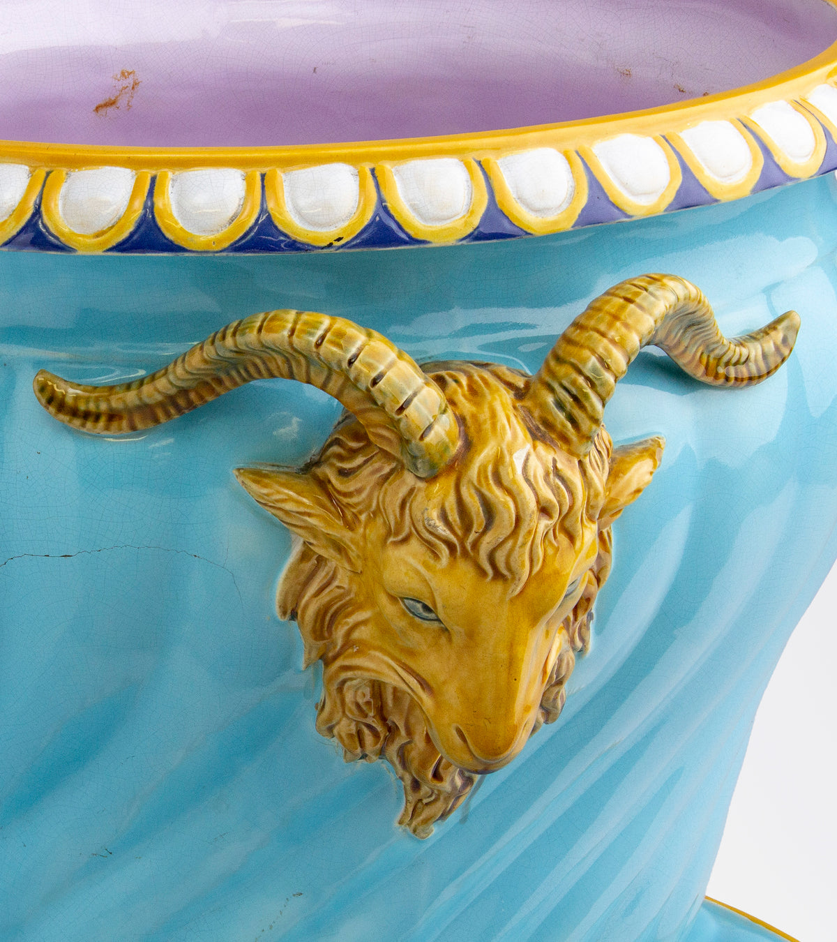 Antique Majolica Jardiniere by Minton with Ram's Head Handles