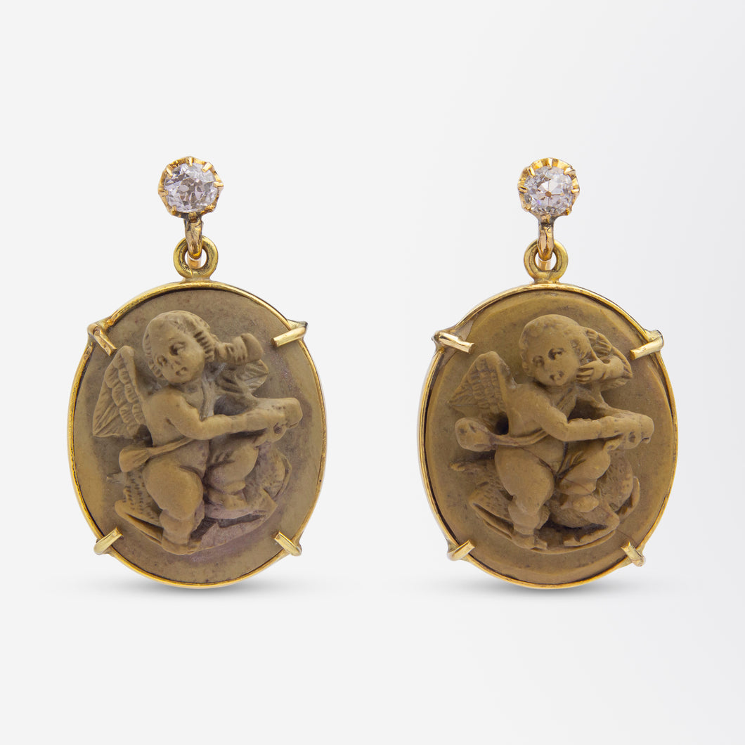 Carved Lava Cameo & Diamond Drop Earrings