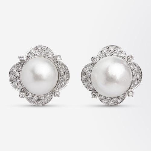 Mid Century Diamond & Mabe Pearl Ear Clips