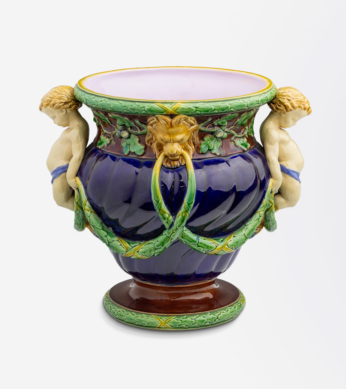 Antique Majolica Jardiniere or Vase by Minton with Fauns and Acorns