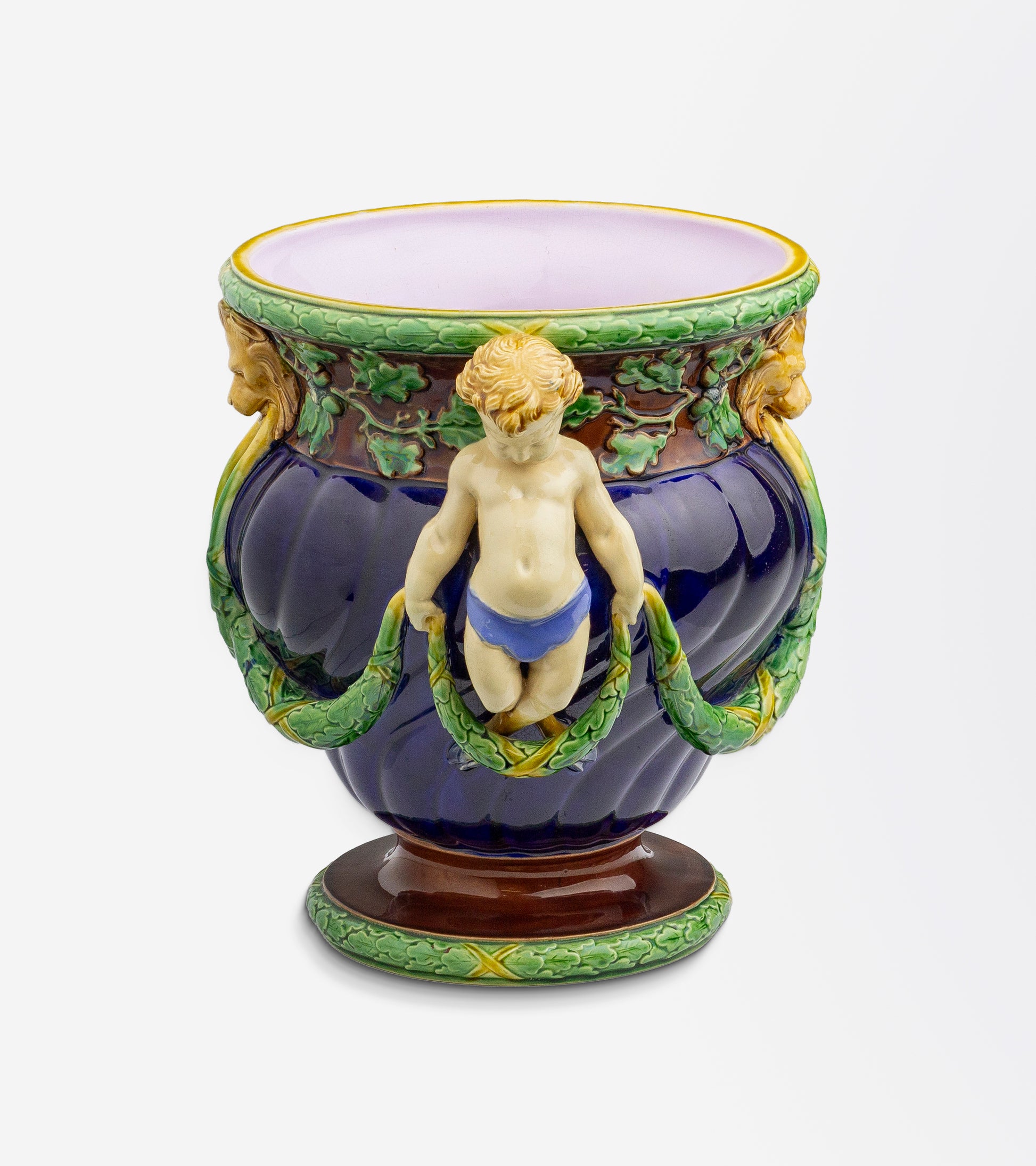 Antique Majolica Jardiniere or Vase by Minton with Fauns and Acorns