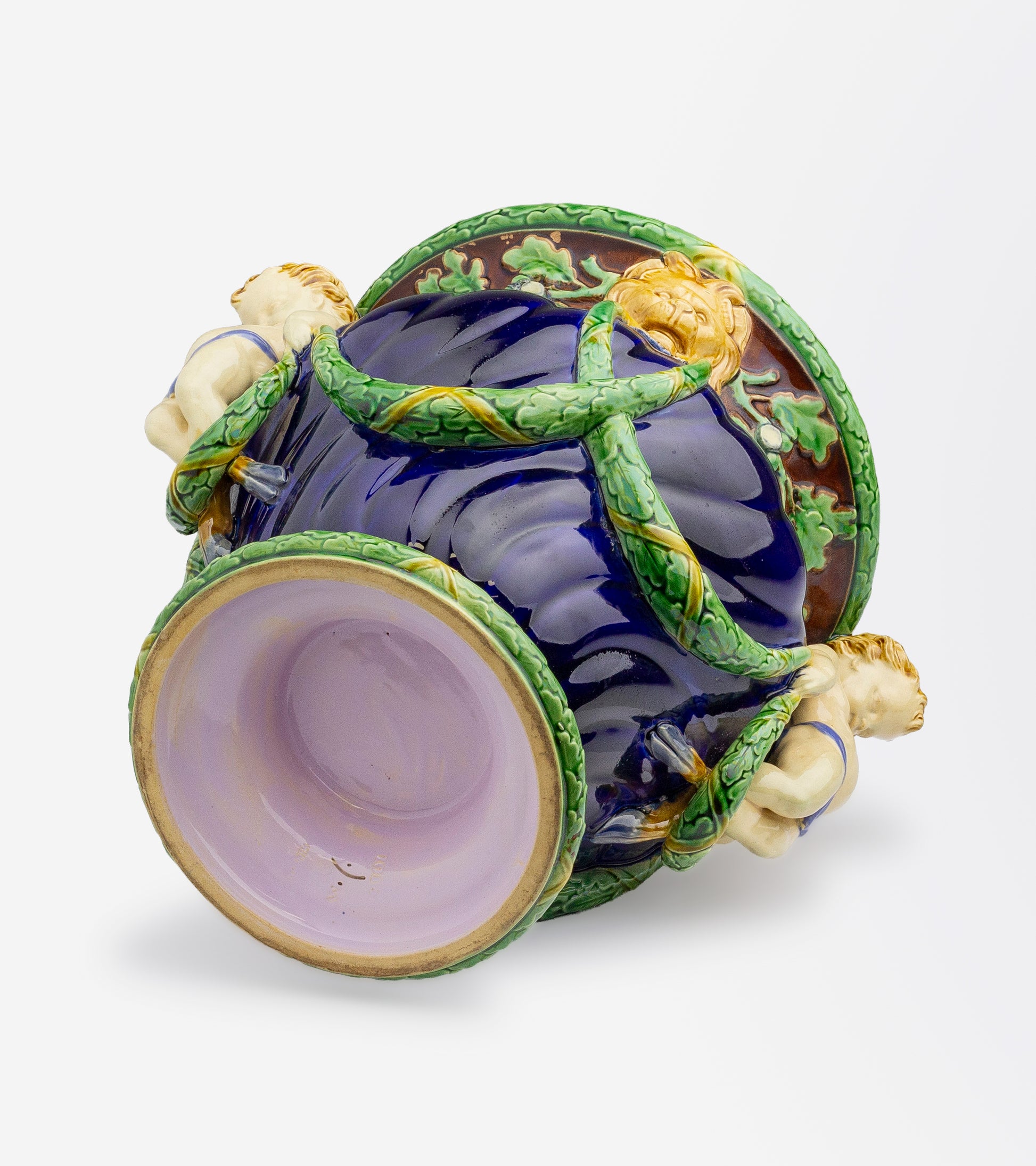 Antique Majolica Jardiniere or Vase by Minton with Fauns and Acorns