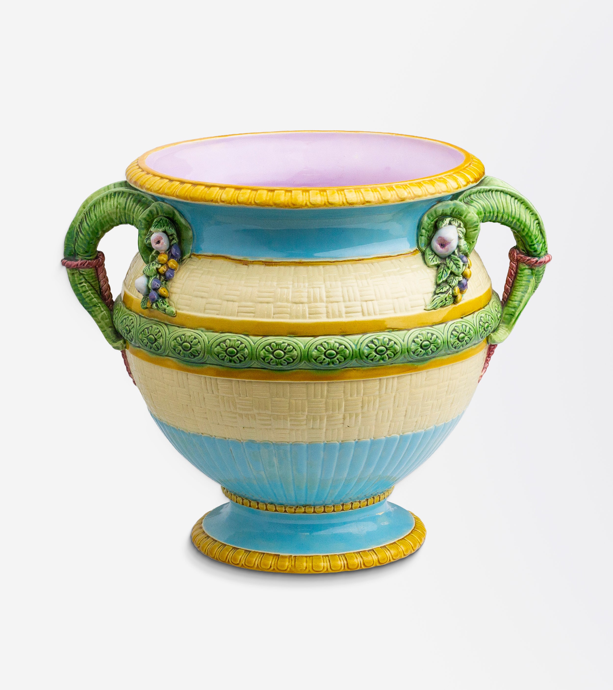 Antique Majolica Jardiniere / Vase by Minton, with Basket Weave Design