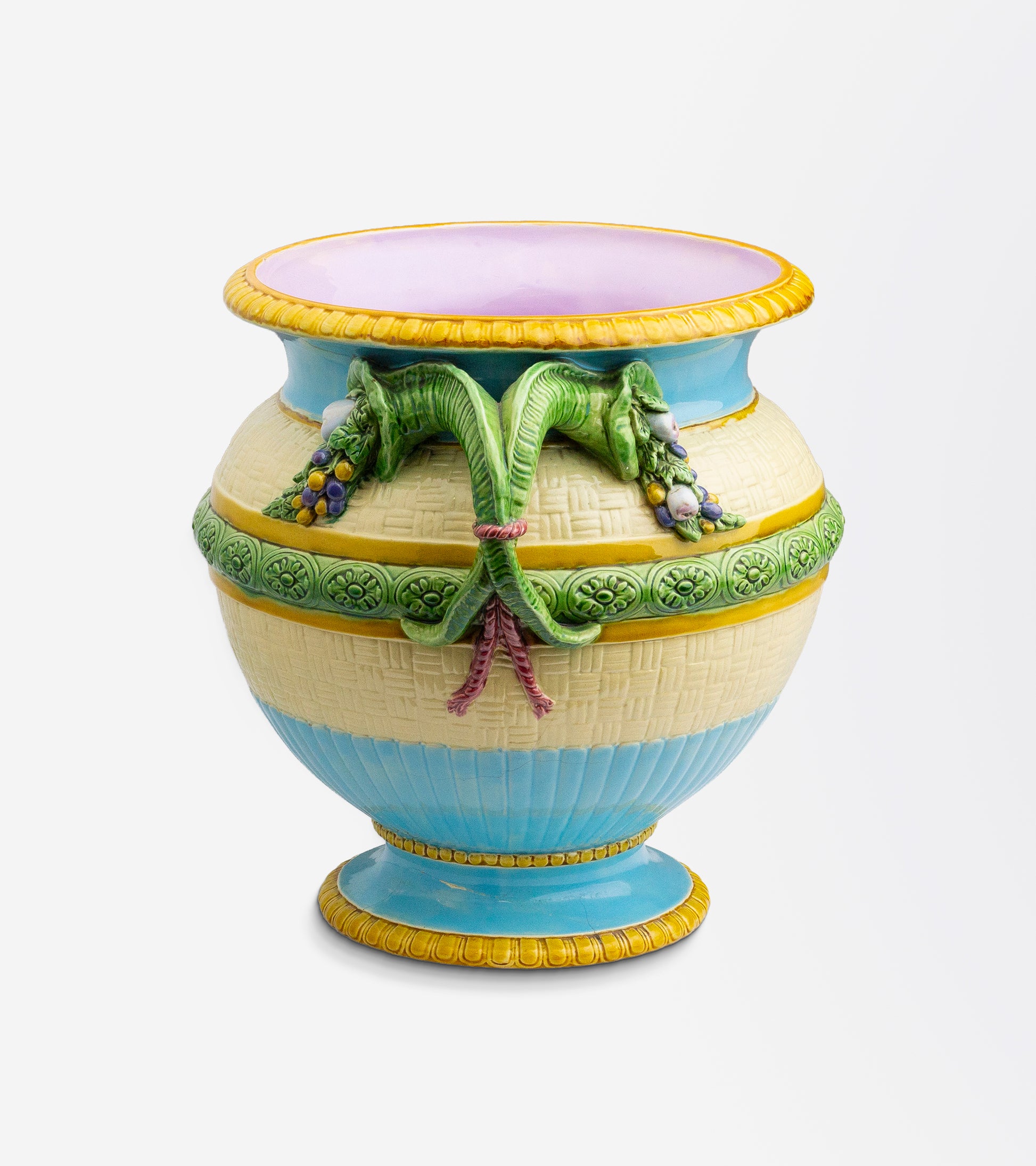 Antique Majolica Jardiniere / Vase by Minton, with Basket Weave Design