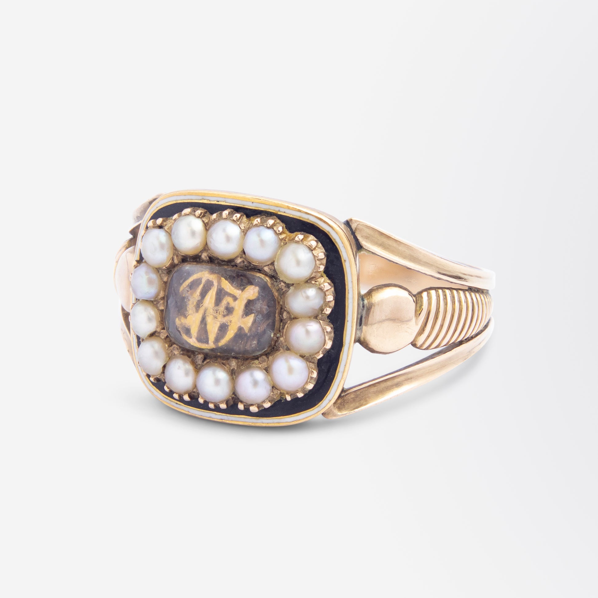Georgian 18kt Gold, Enamel and Seed Pearl Mourning Ring