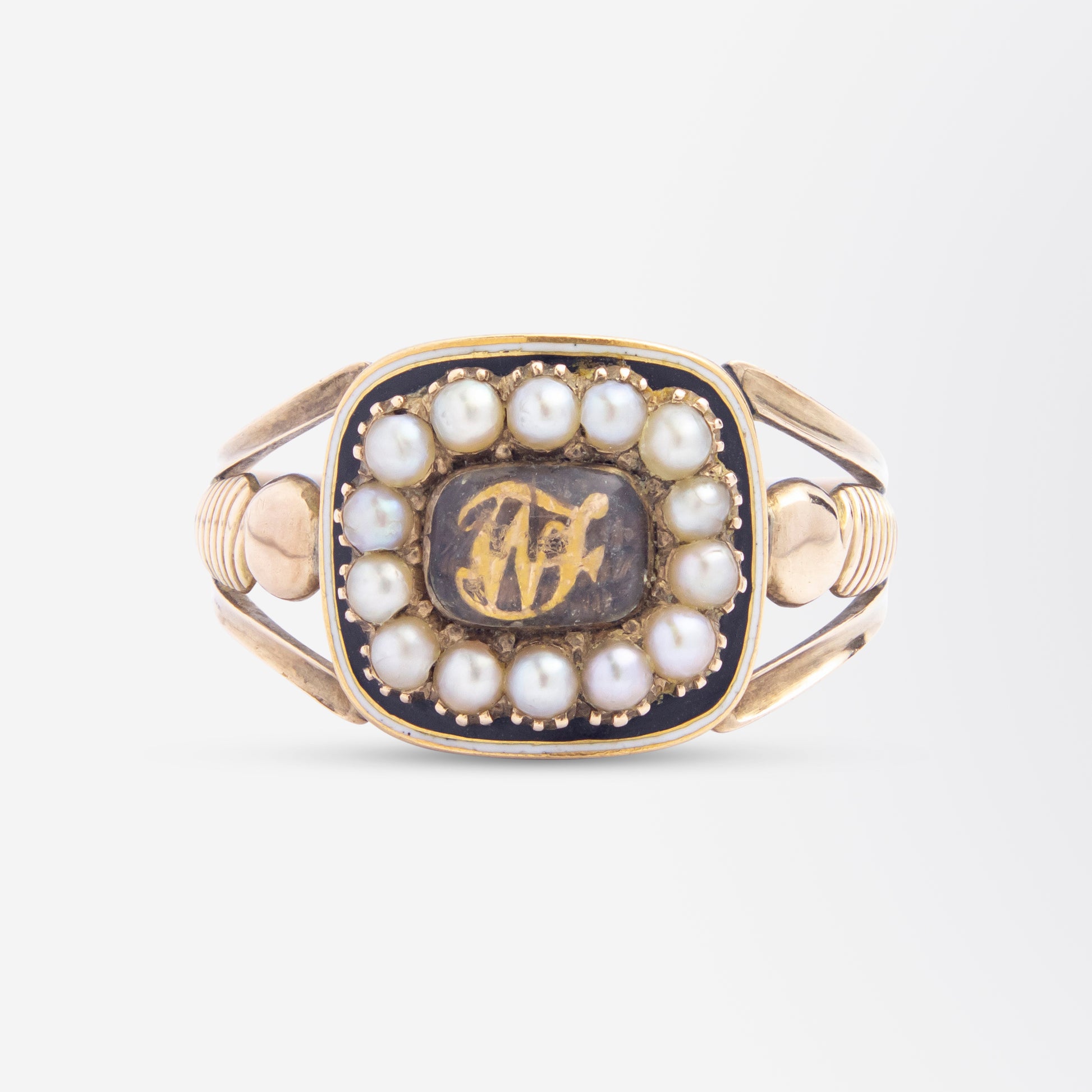 Georgian 18kt Gold, Enamel and Seed Pearl Mourning Ring
