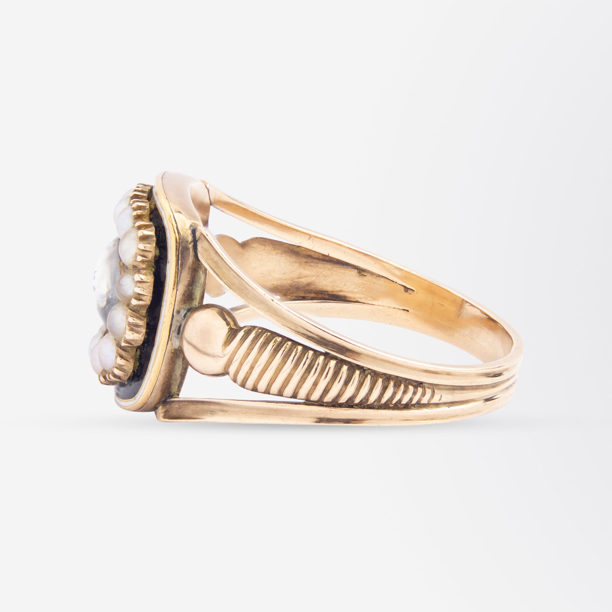 Georgian 18kt Gold, Enamel and Seed Pearl Mourning Ring