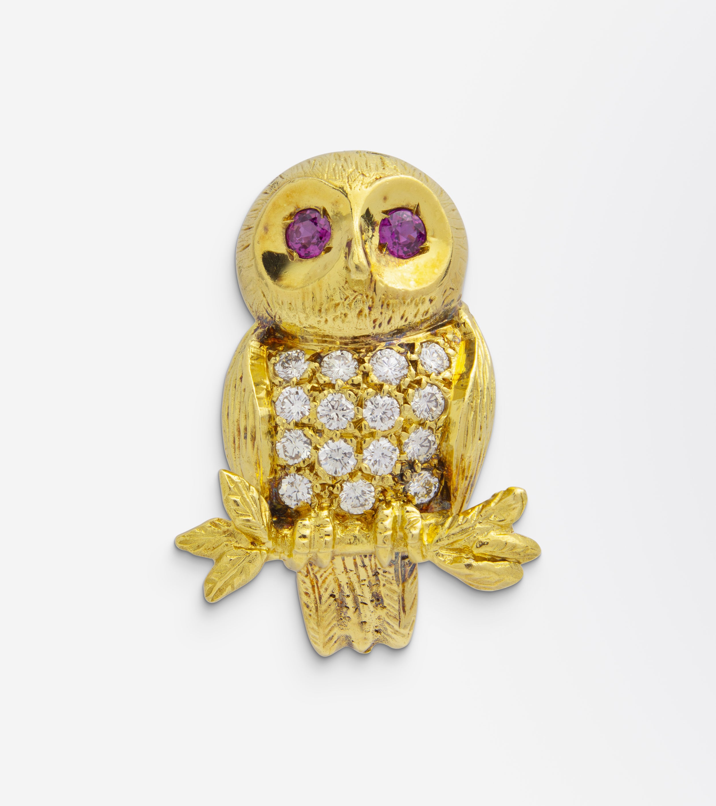 Ruby & Diamond Owl Brooch Pin in 14kt Gold