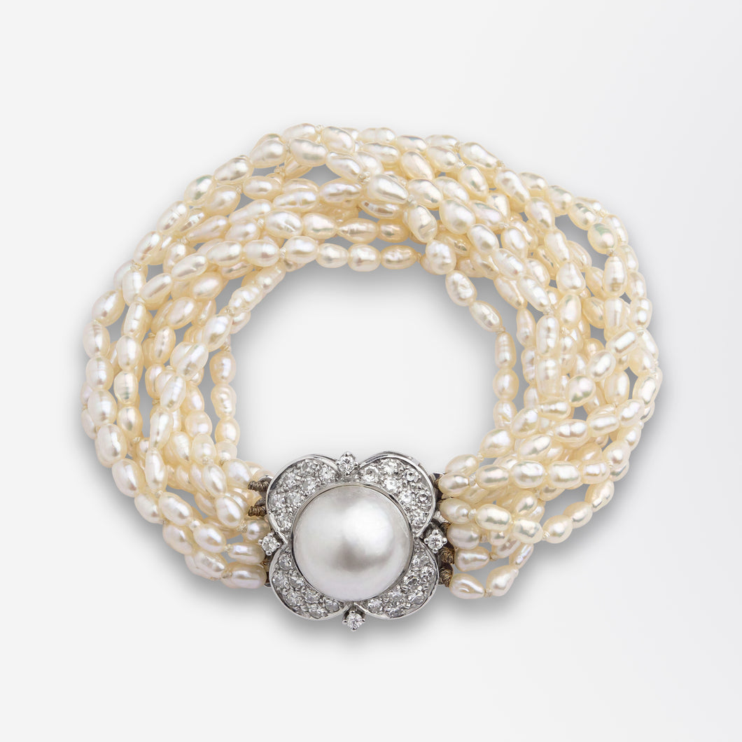 Mid Century Pearl Bracelet with Mabe Pearl & Diamond Clasp