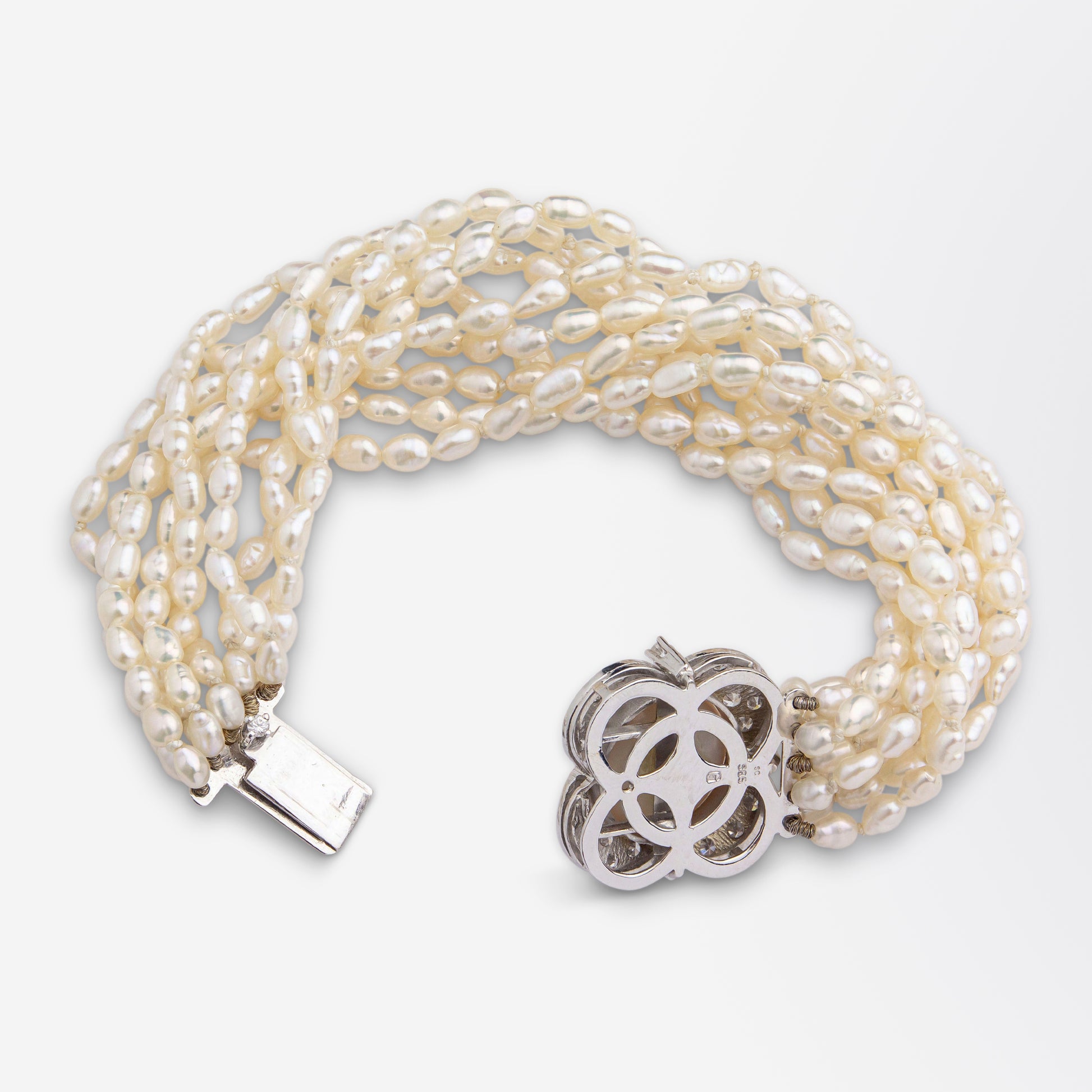 Bracelet de perles style milieu du siècle avec fermoir en perles Mabe et diamants