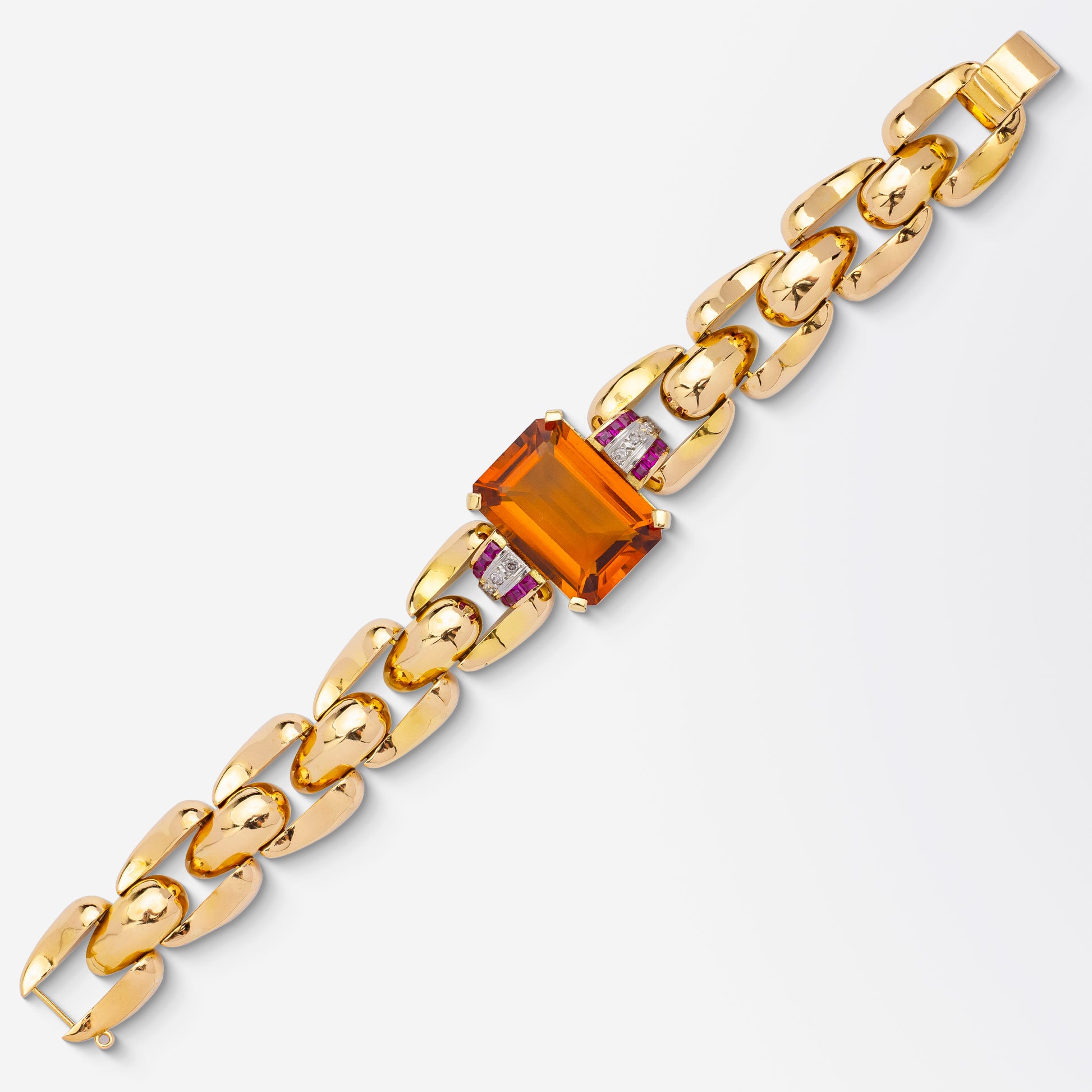 Bracelet rétro en citrine, rubis et diamants