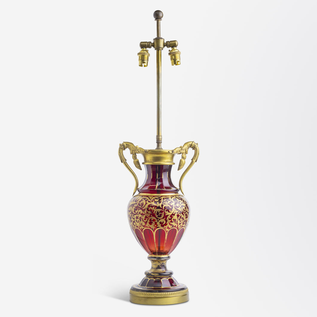 Ruby Glass with Gold Gilt Accents and Bronze Handles
