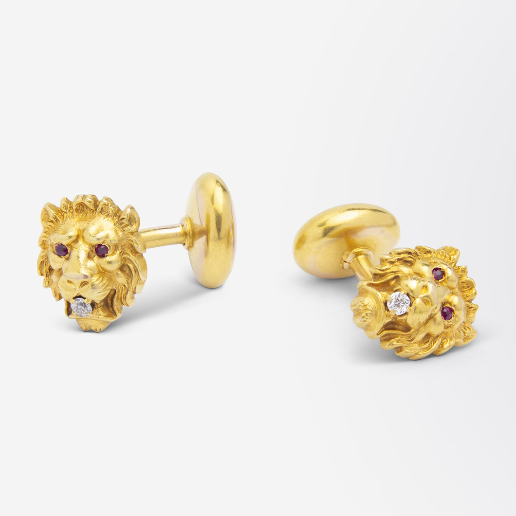 14kt Yellow Gold Lion Cufflinks With Rubies & Diamonds