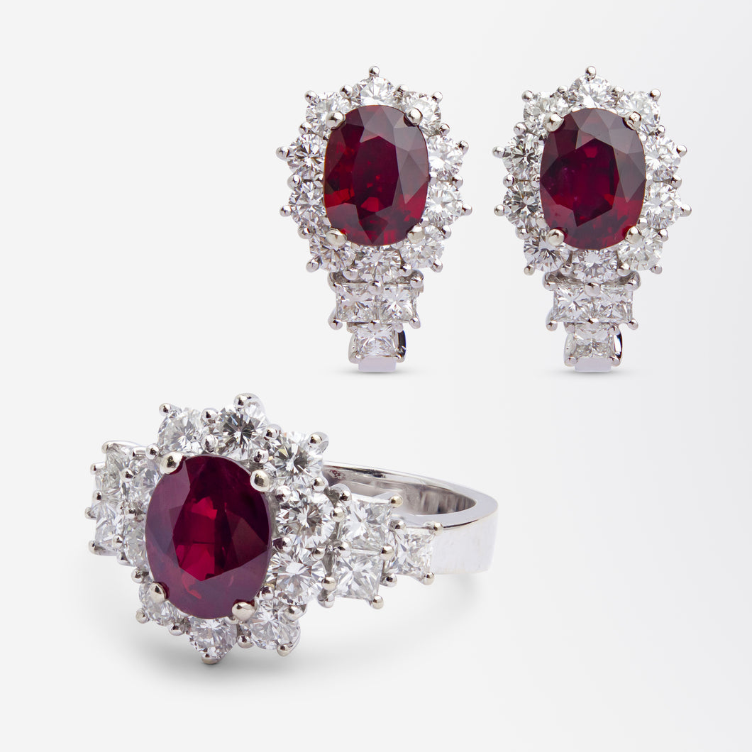 18kt White Gold, Ruby & Diamond Earring & Ring Suite