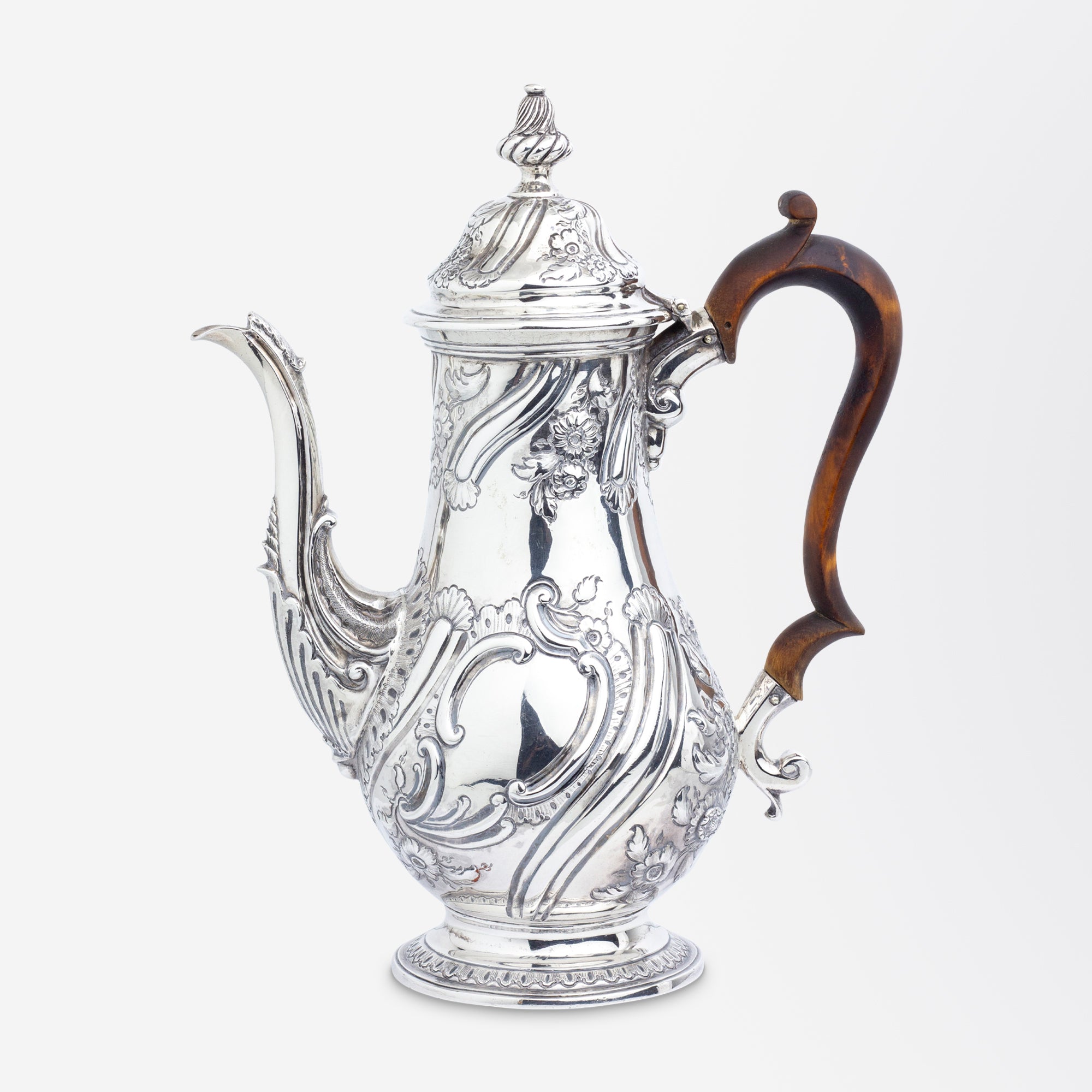 George II Period Sterling Silver Coffee Pot with Floral Repousse