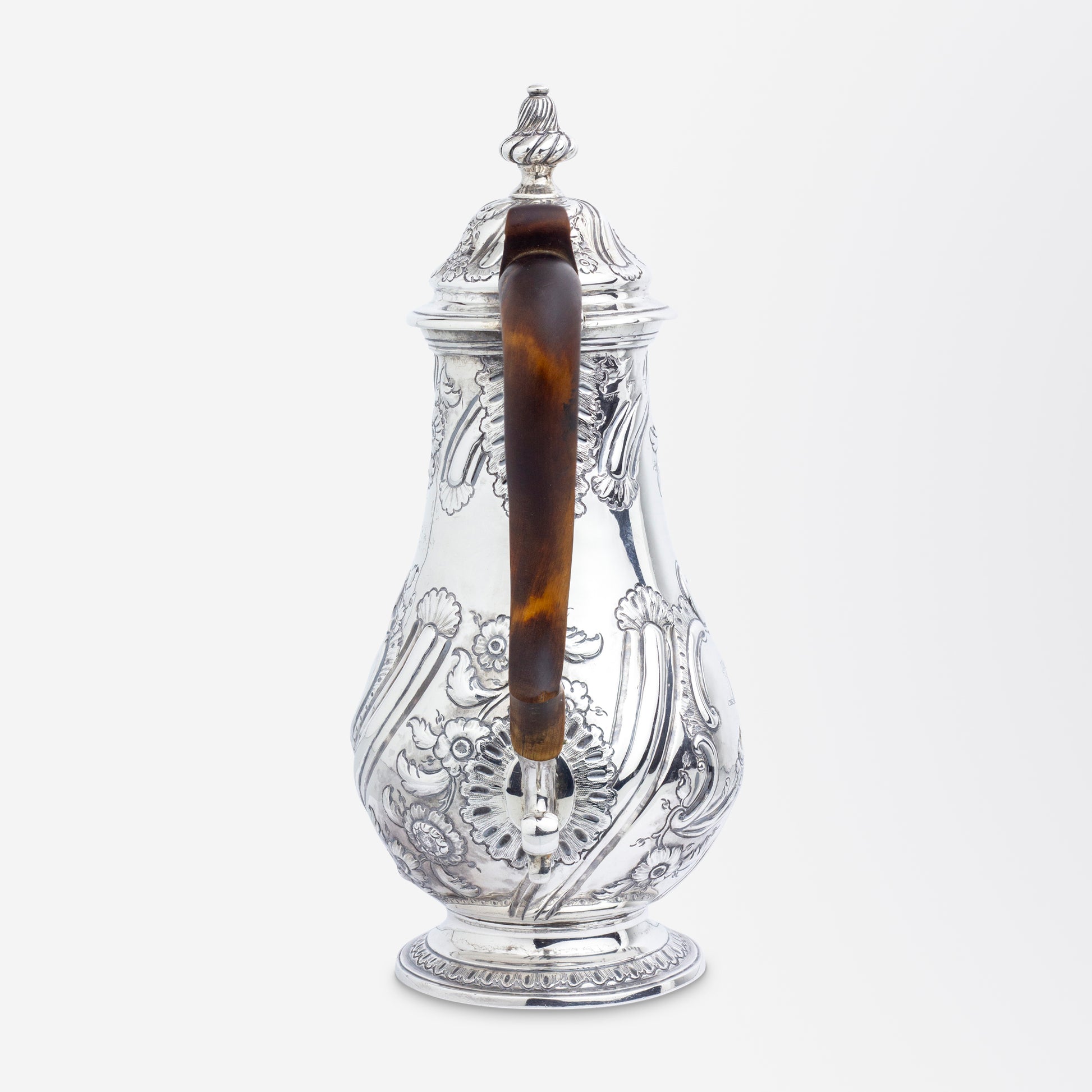 George II Period Sterling Silver Coffee Pot with Floral Repousse