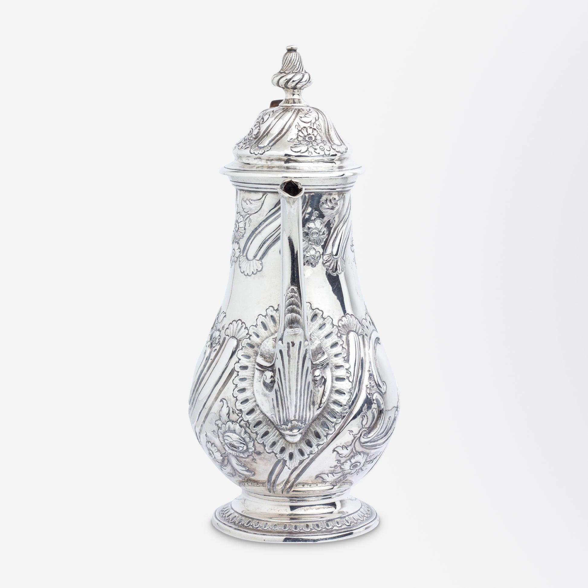 George II Period Sterling Silver Coffee Pot with Floral Repousse