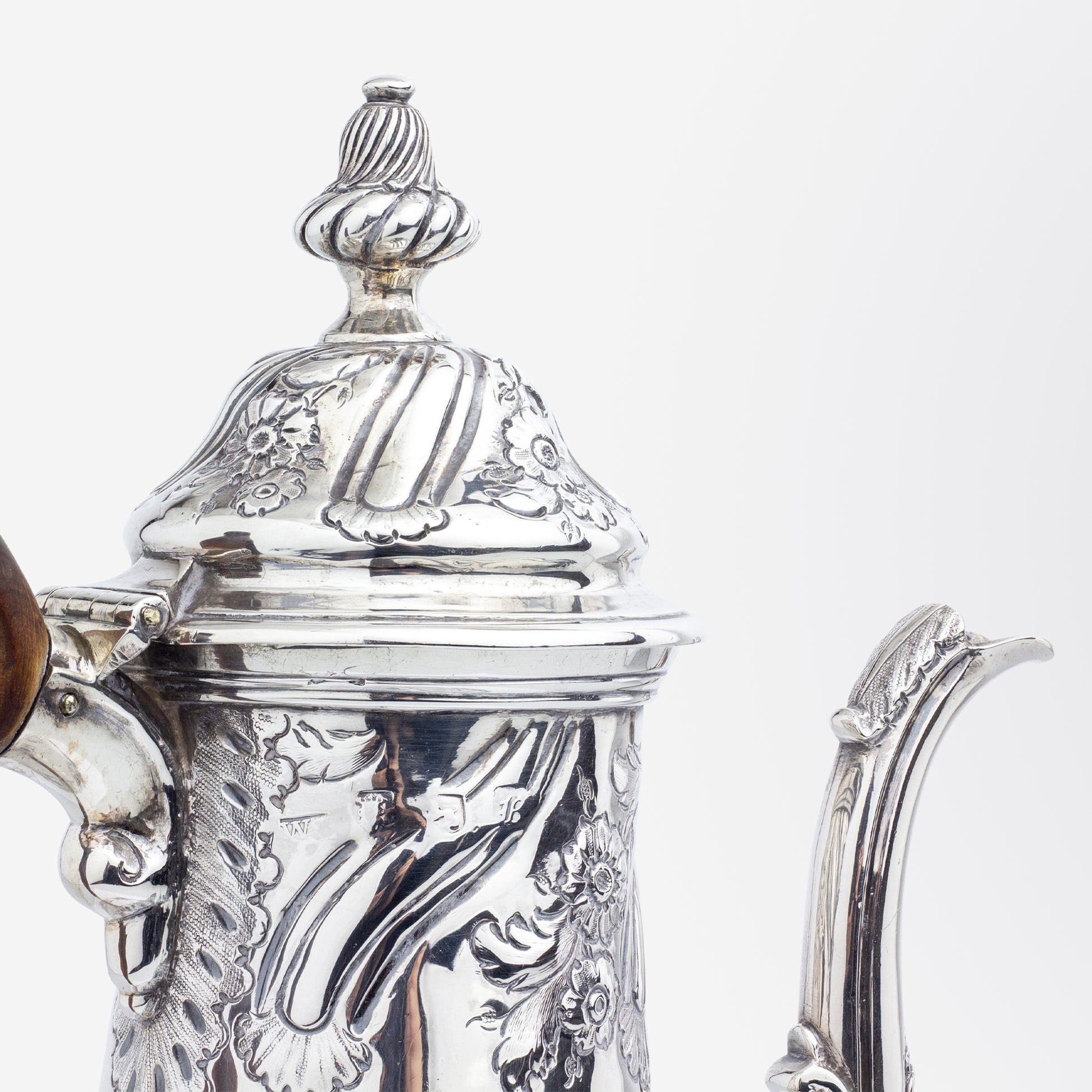 George II Period Sterling Silver Coffee Pot with Floral Repousse