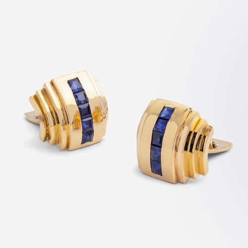 18kt Yellow Gold & Sapphire Art Deco Style Cufflinks