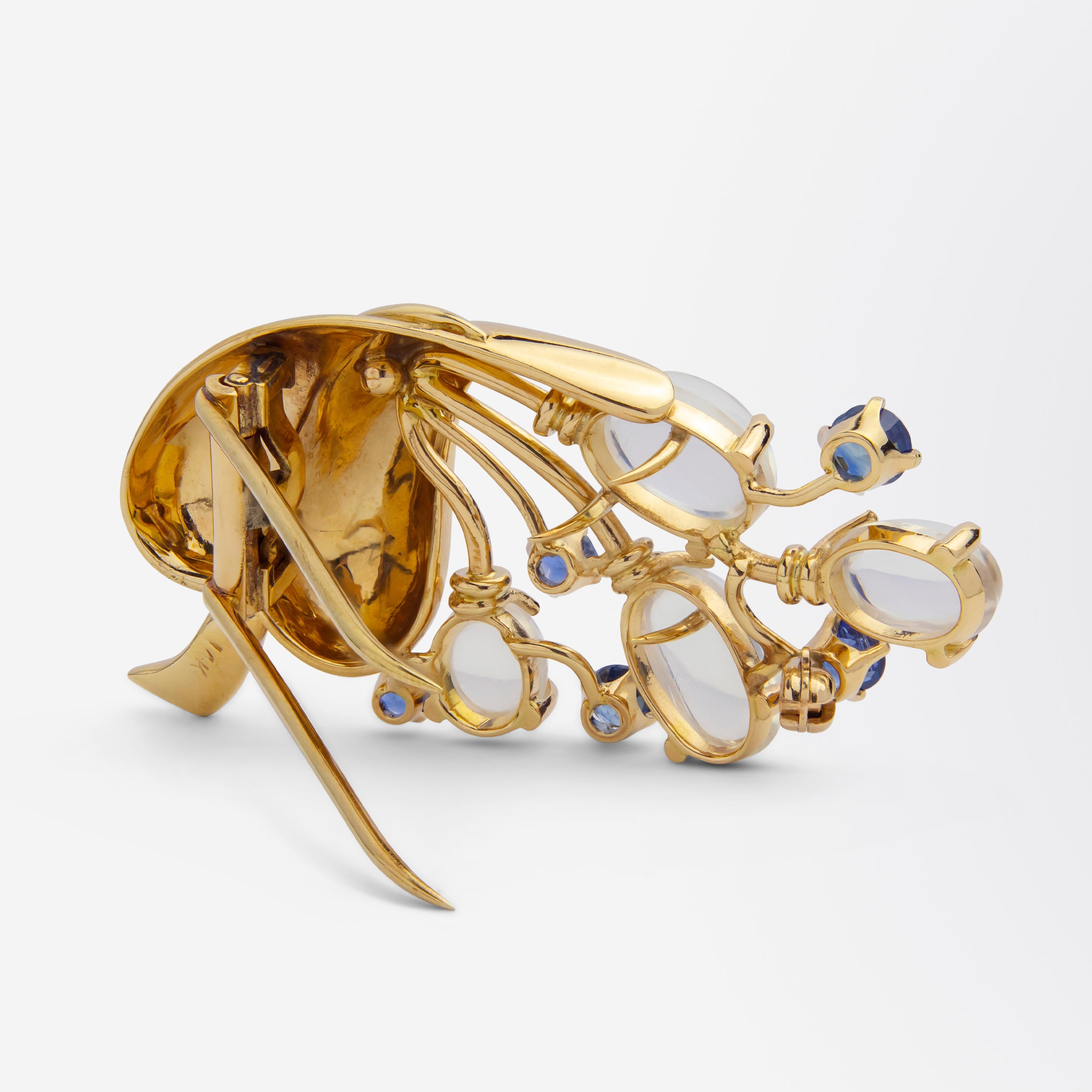 Retro 14kt Gold, Moonstone, and Sapphire Brooch Pin