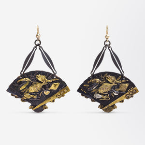Pair of Japanese Bronze Shakudo Fan Earrings with Sea Life Motif
