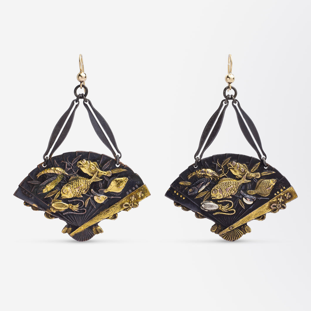 Pair of Japanese Bronze Shakudo Fan Earrings with Sea Life Motif
