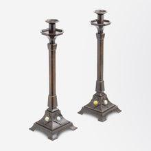 Load image into Gallery viewer, Tiffany Studios Bronze &amp; Glass Candlesticks
