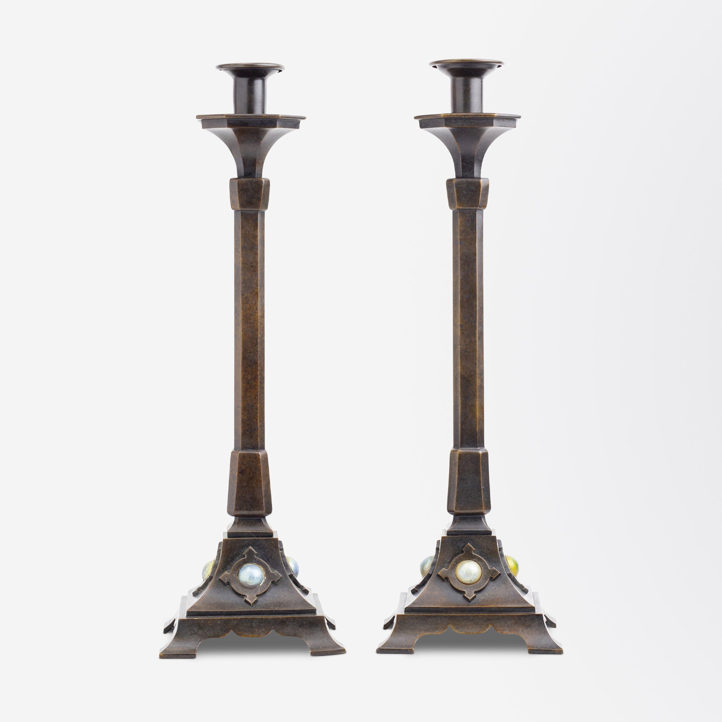 Tiffany Studios Bronze & Glass Candlesticks