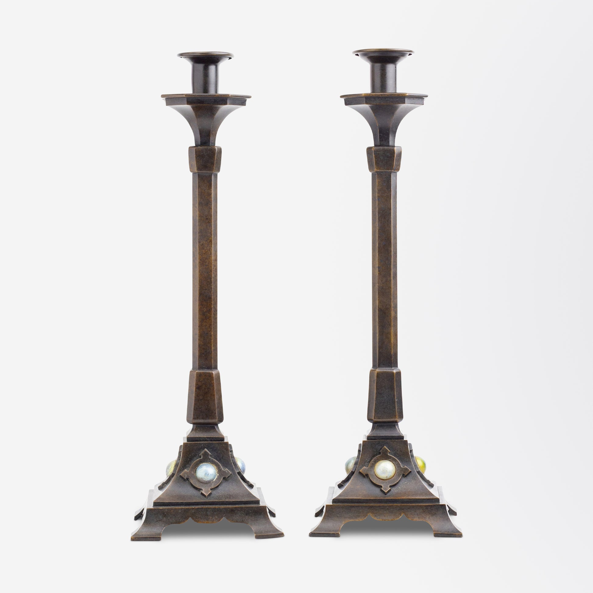 Tiffany Studios Bronze & Glass Candlesticks