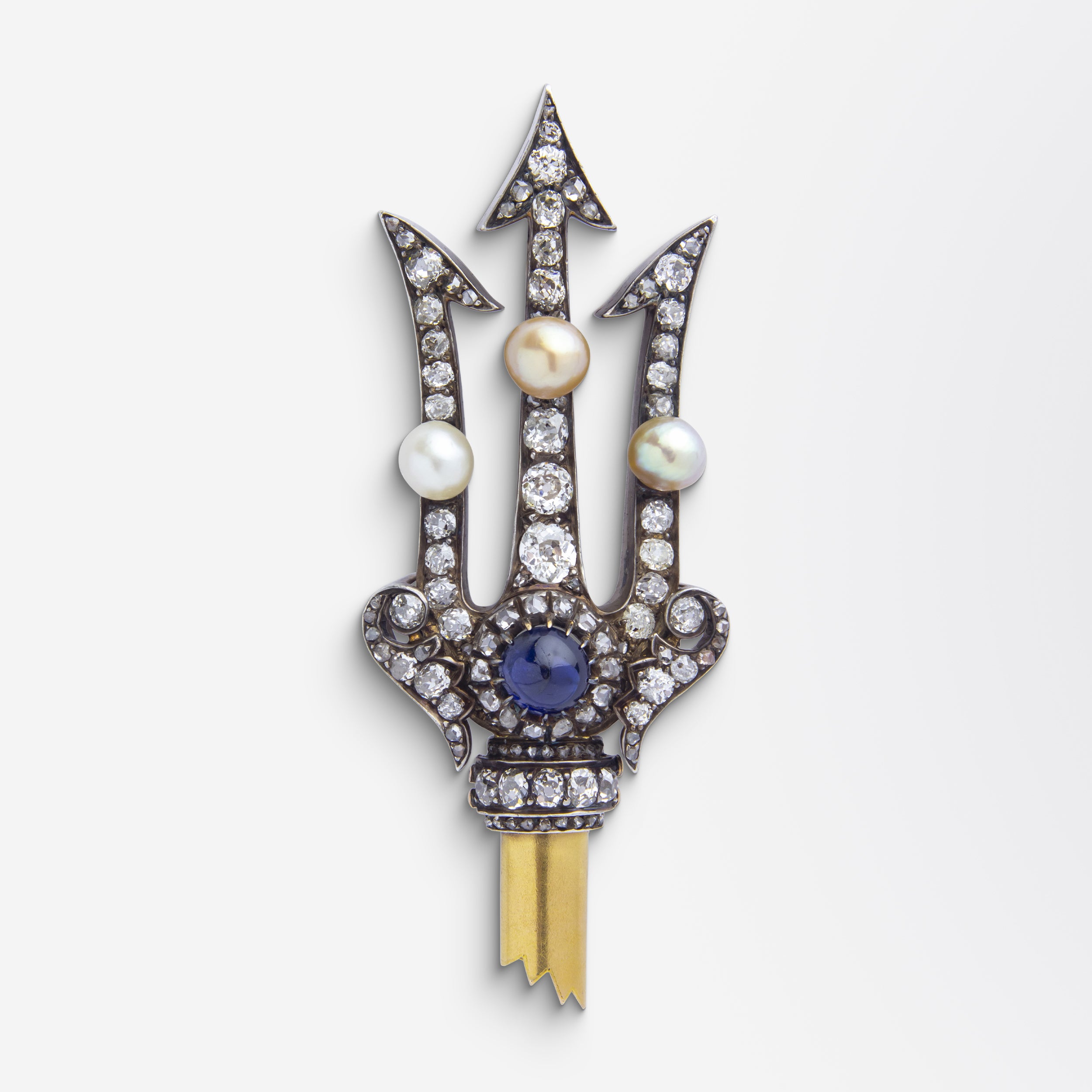 Antique Pearl, Diamond & Sapphire Trident Brooch Pin