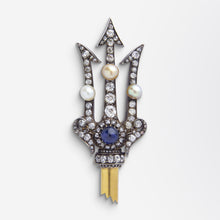 Load image into Gallery viewer, Antique Pearl, Diamond &amp; Sapphire Trident Brooch Pin
