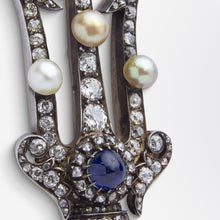 Load image into Gallery viewer, Antique Pearl, Diamond &amp; Sapphire Trident Brooch Pin
