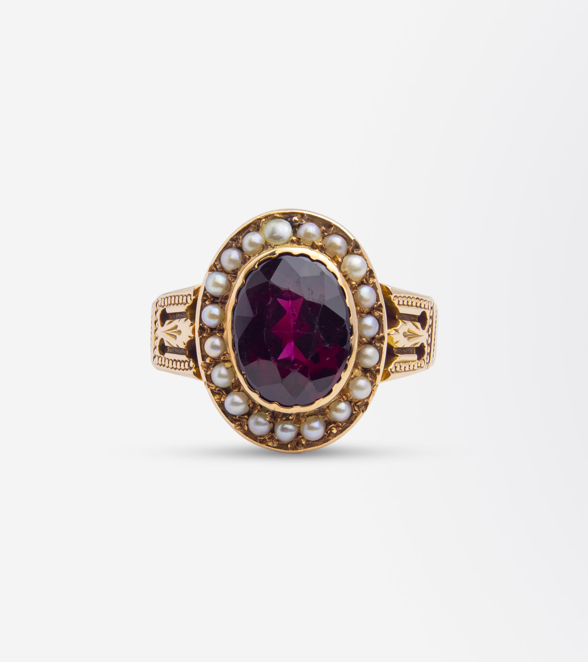 Victorian Garnet & Seed Pearl Ring by Shafer & Douglas