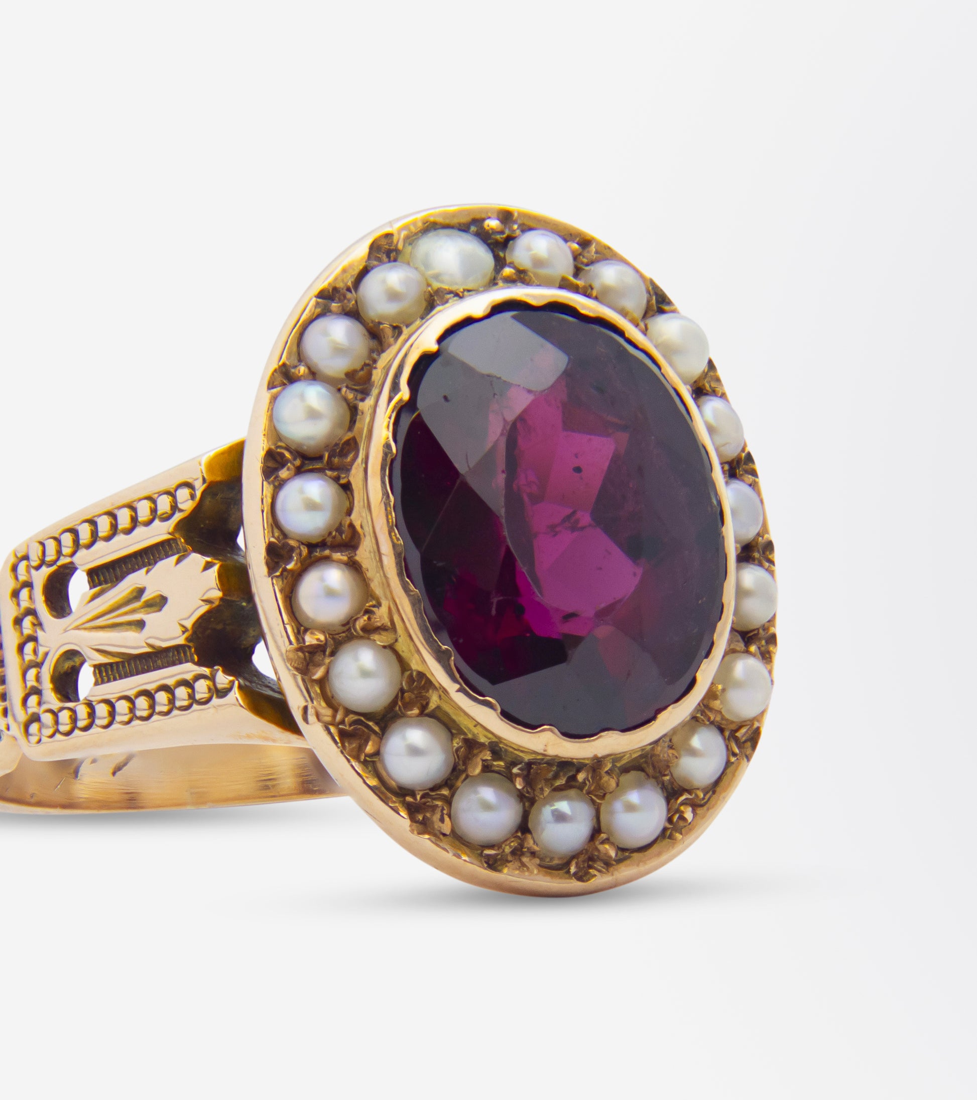 Victorian Garnet & Seed Pearl Ring by Shafer & Douglas