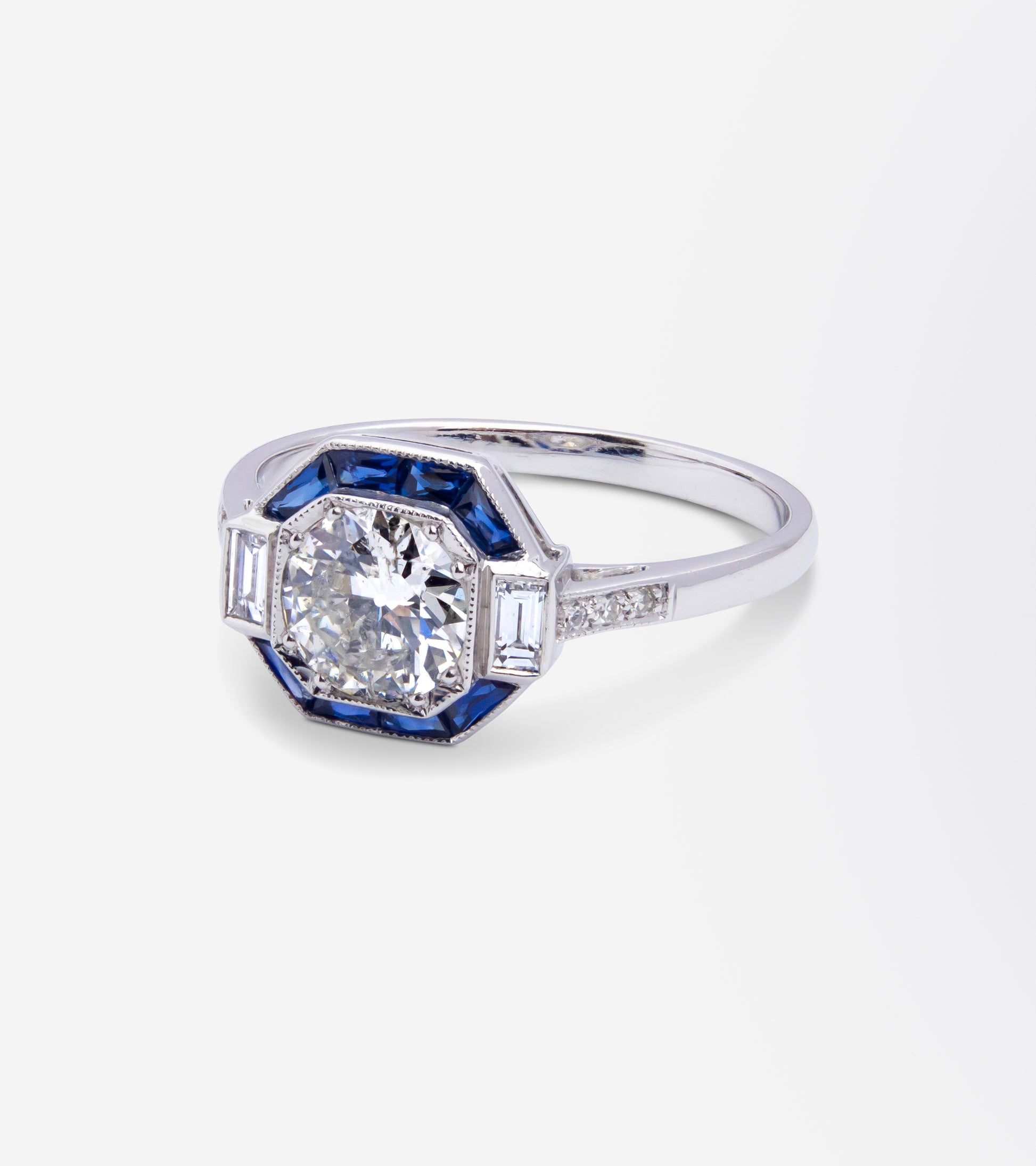 Art Deco Style, White Gold, Diamond & Sapphire Ring